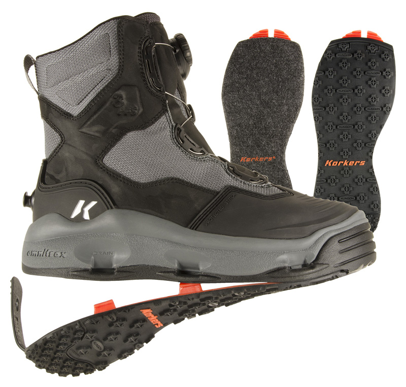 Last, but certainly not least, Korkers new DarkHorse™ ($179.99 MSRP) drafts off one of the brand’s most successful boots, the WhiteHorse, but offers several design enhancements aimed at durability, fit, and comfort. 