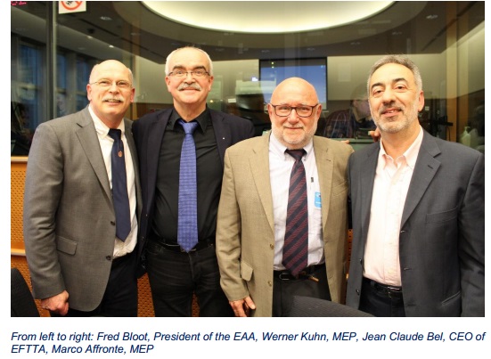 From left to right: Fred Bloot, President of EAA, Werner Kuhn, MEP, Jean Claude Bel, CEO of EFTTA, Marco Affronte, MEP.